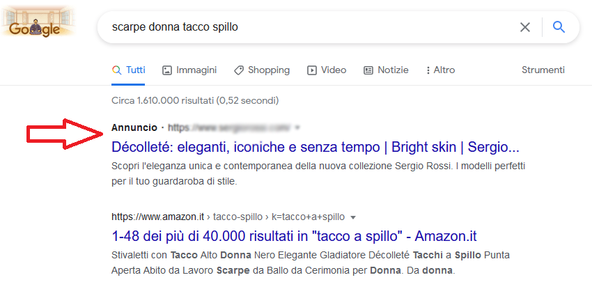 Risultati ricerca tramite advertising su Google, PPC