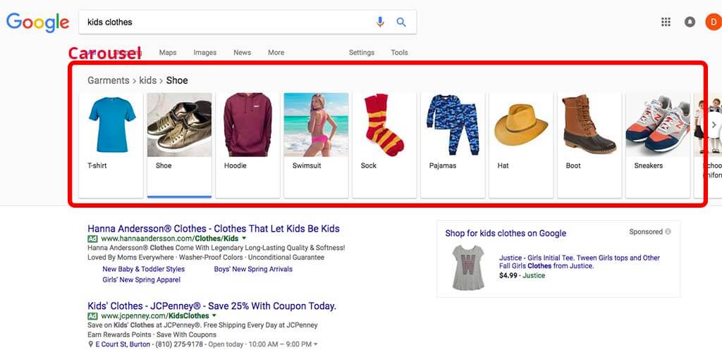 Esempio di prodotti in evidenza in Google Shopping