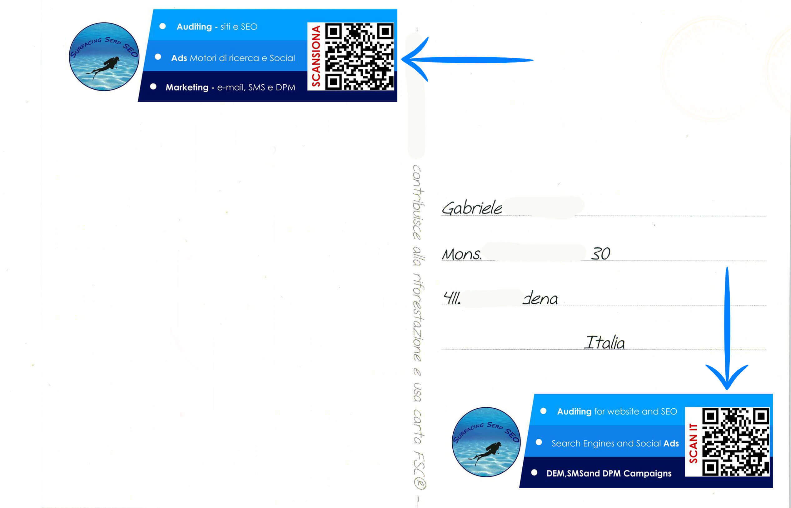 Cartolina postale digital marketing il rettro con in evidenza il QR Code