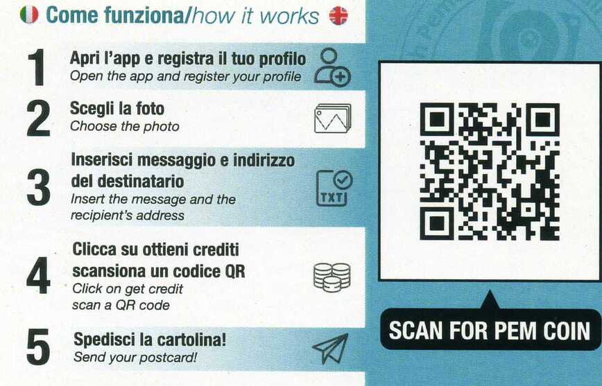 Il retro della DPM Gift Card con le istruzioni per l'uso della APP. 7 Lingue disponibili